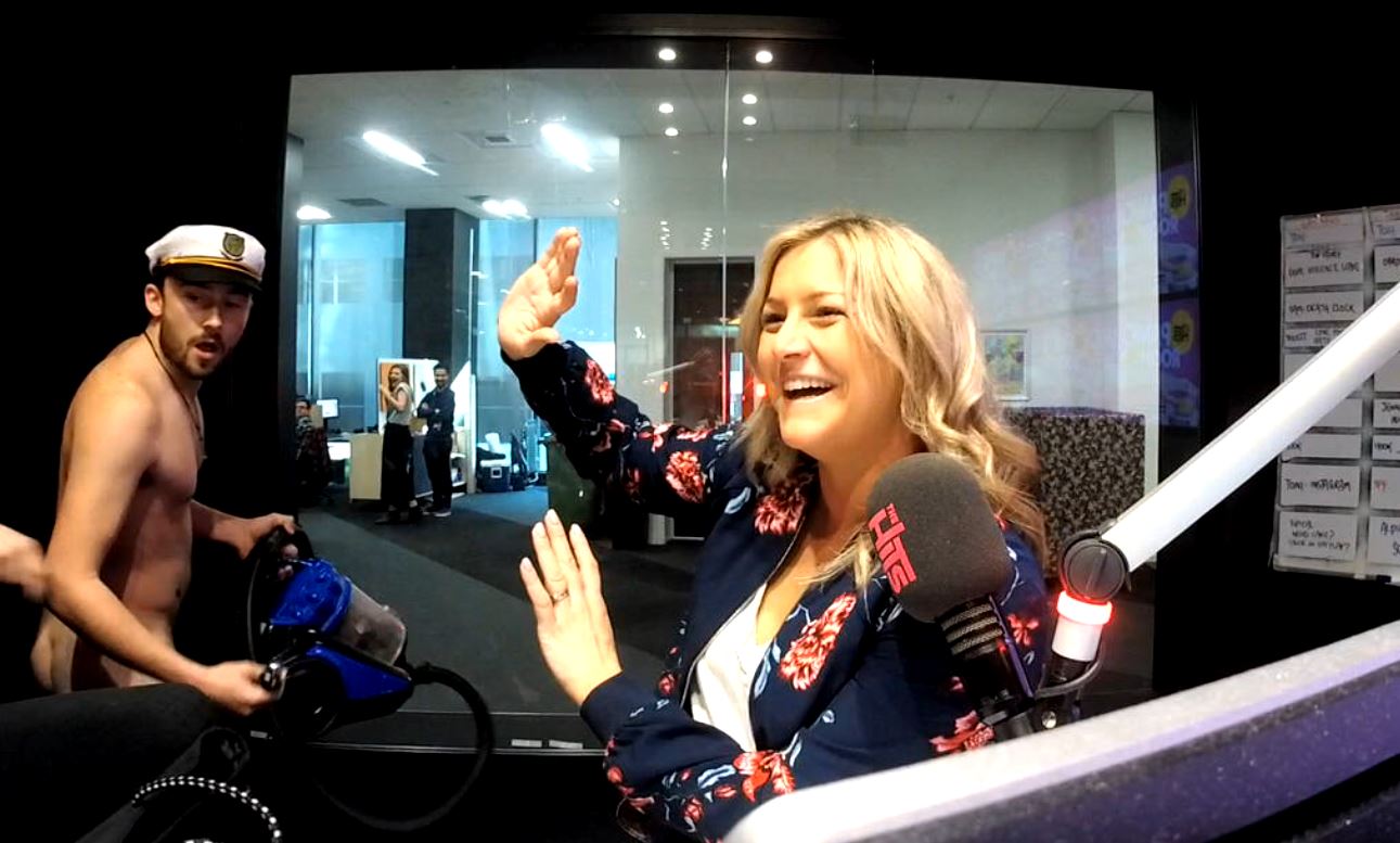 Intern Tom attempts nude cleaning The Hits studio live on air