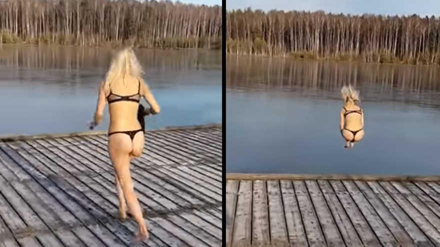 Russian girl tries to jump through frozen lake and things go terribly