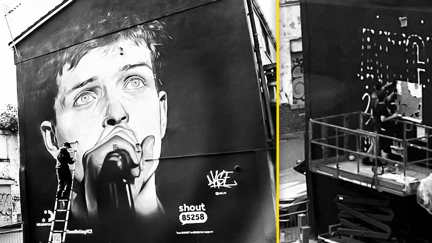 Joy Division’s Ian Curtis Mural in Manchester Destroyed by Rap Artists Album Advertisement