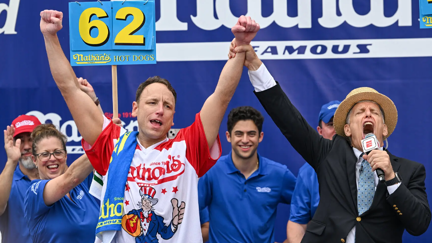 Joey Chestnut defends his championship of Nathan’s Famous Hot Dog Eating Contest